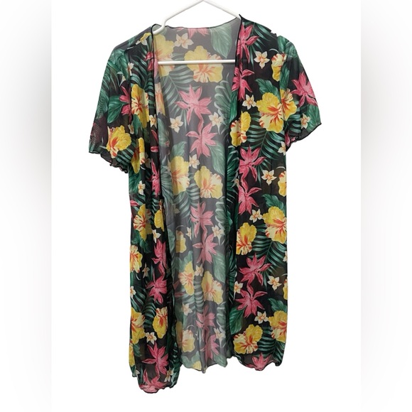 🌼💜NEW Tropical Floral Print Stretchy Black 3 Piece Swimsuit, Spaghetti Straps - Picture 5 of 8